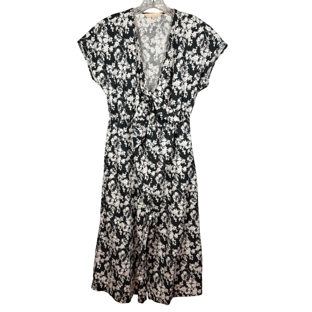 HUTCH by Anthropology Cropped Tie Front Romper, Cotton/Linen, Black, Size Small
